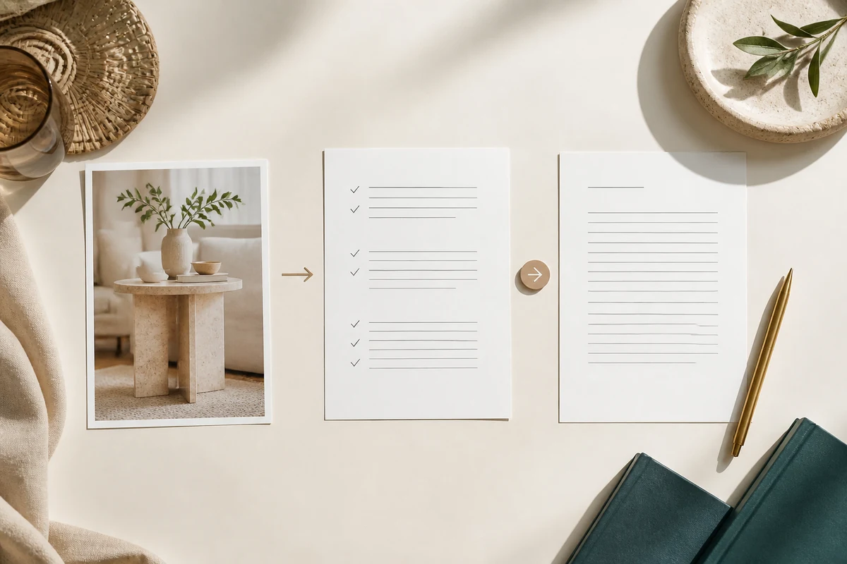 Three-step home decor copy workflow from product photo to verified specifications to an edited product description.