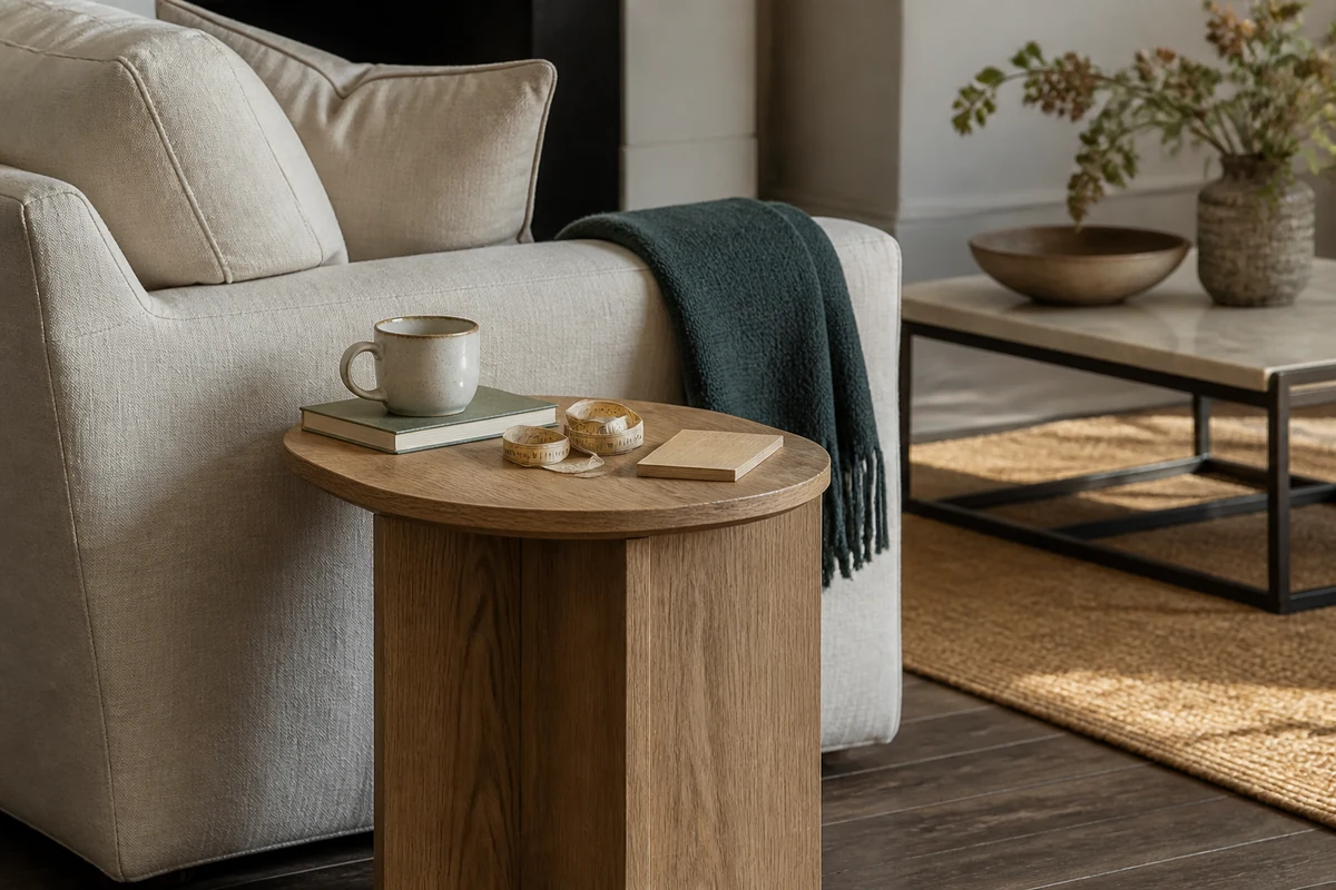 Side table styled beside a sofa, illustrating how a home decor description can pair room context with verified material and size details.
