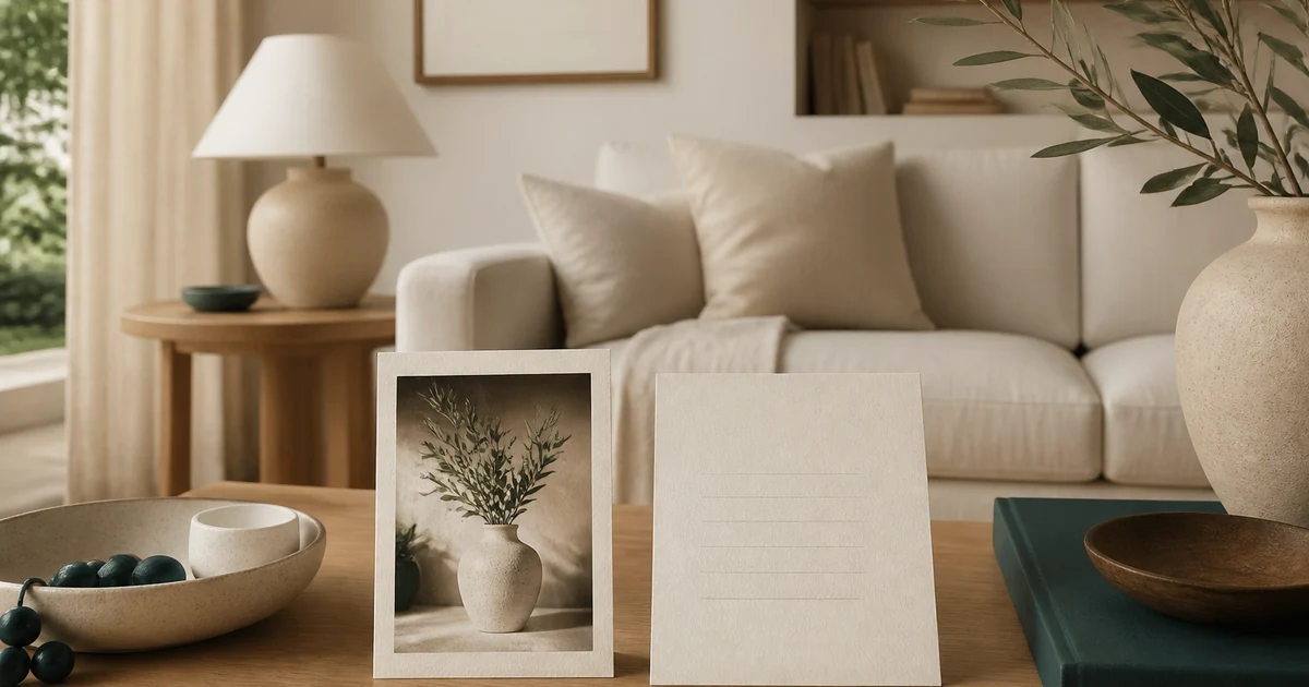 Home decor product description example beside a styled living room product photo, with material, dimensions, finish, and care details highlighted.