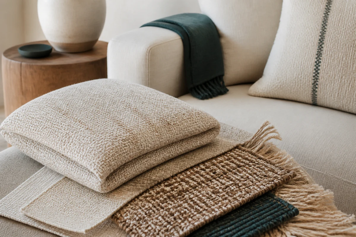 Cushion cover and rug textures in a neutral room, illustrating material, color, size, and care details for home textile listings.