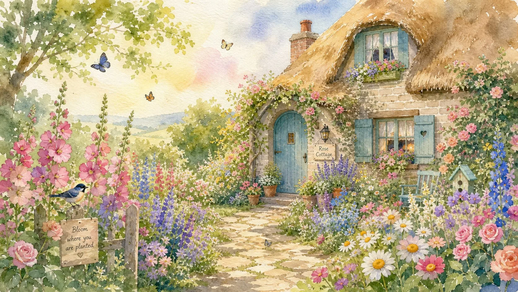 Midjourney AI art - whimsical watercolor cottage in flower garden