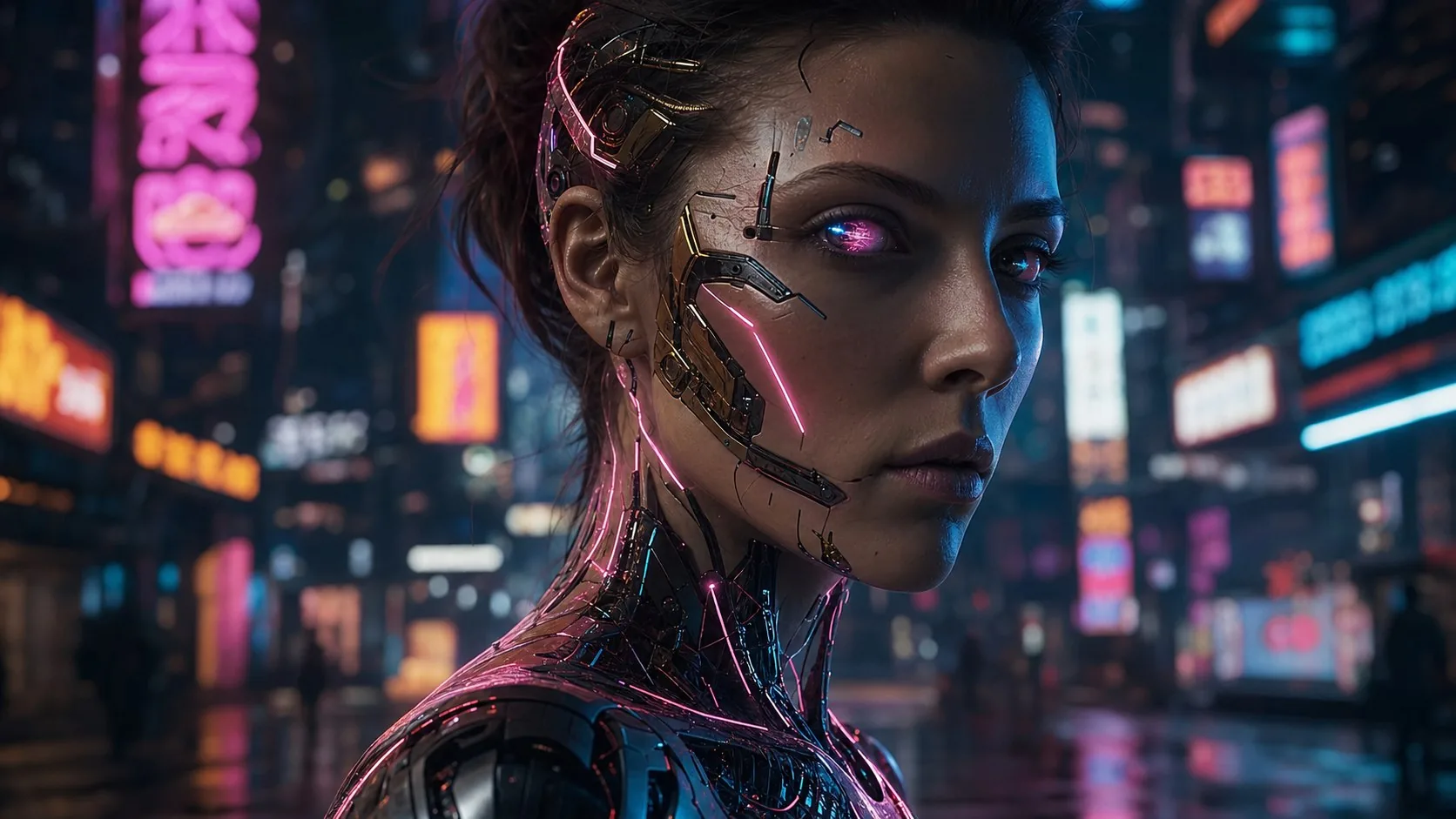 DALL·E 3 AI art - cyborg woman portrait with neon circuitry
