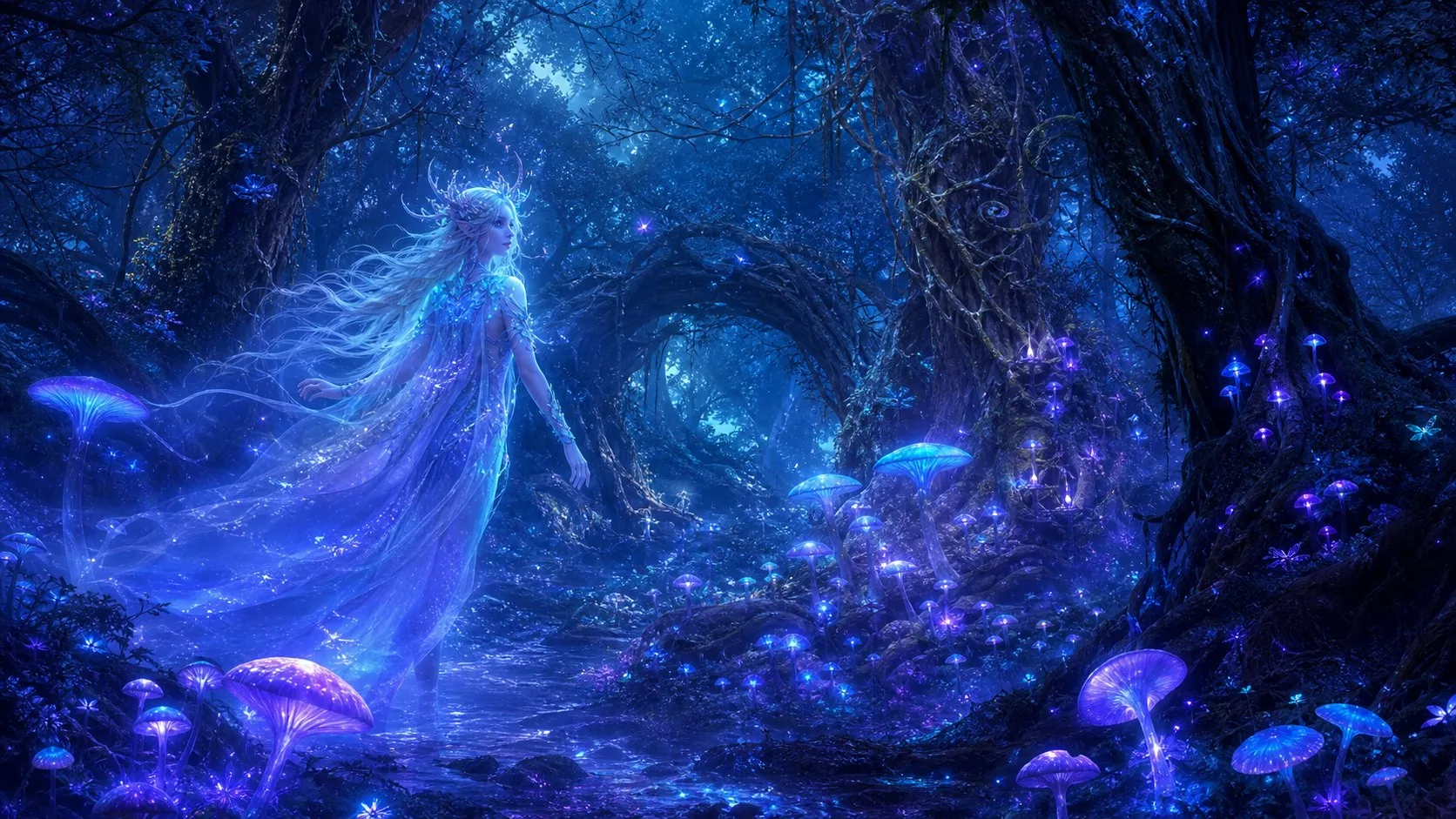 Midjourney AI art - ethereal forest spirit with bioluminescent mushrooms