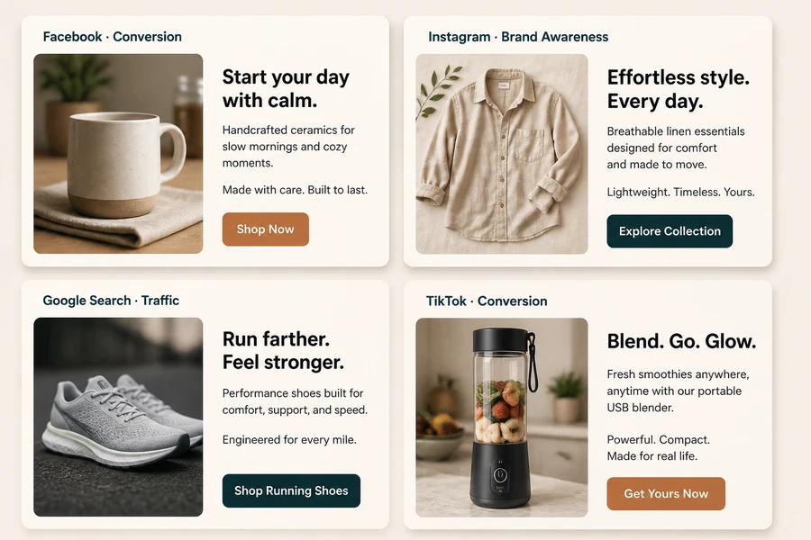 Four ad copy examples for Facebook, Instagram, Google Search, and TikTok with headlines, body text, and calls to action