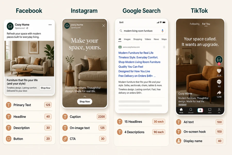 Comparison of ad formats and copy fields for Facebook, Instagram, Google, and TikTok ads