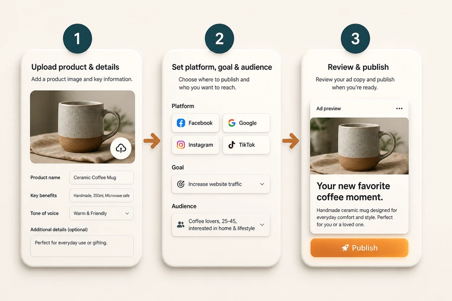 Three-step workflow for generating ad copy: upload product details, set platform and campaign goal, then review and publish