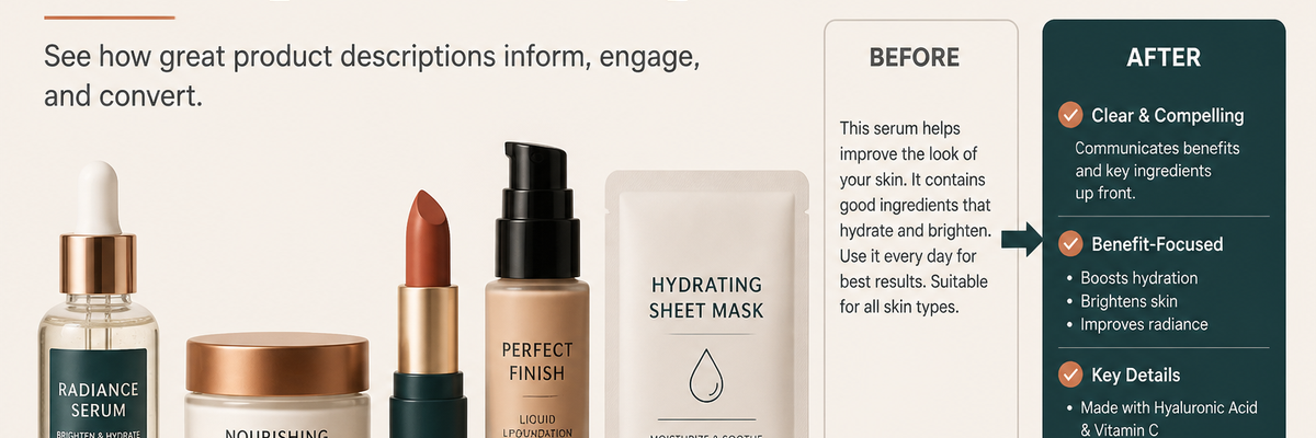 Beauty product description examples showing skincare and cosmetics items with before and after copy optimization comparison