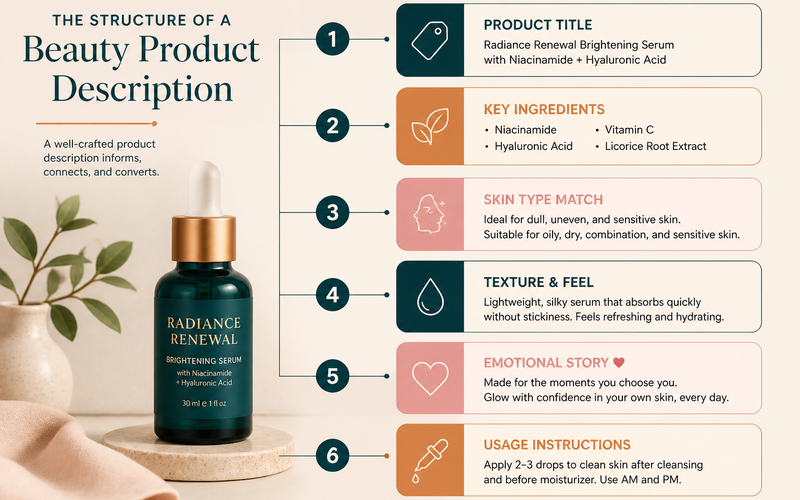 Beauty product description structure with title, bullet points, and emotional connection elements