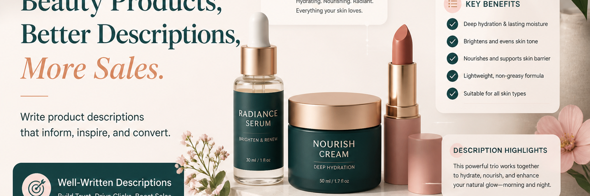Beauty product description guide showing cosmetics and skincare items with optimized listing copy elements