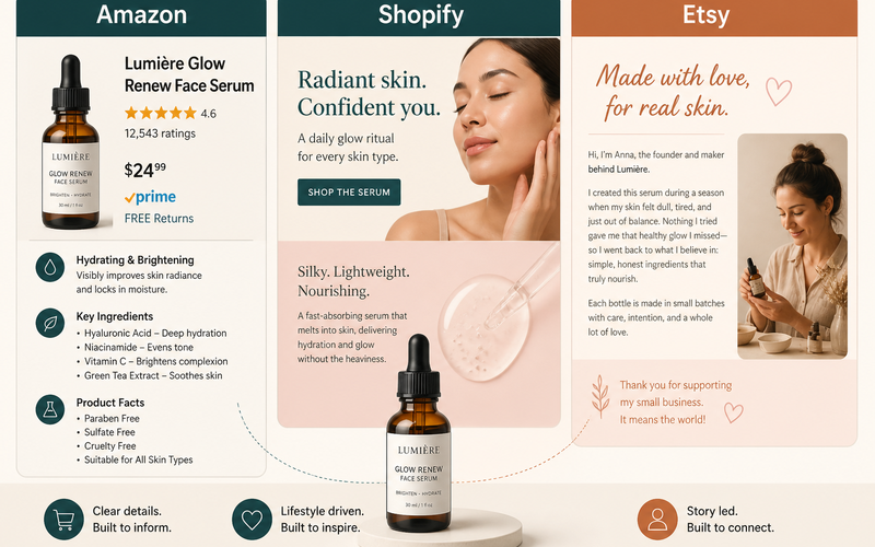 Beauty product descriptions adapted for Amazon, Shopify, and Etsy platforms