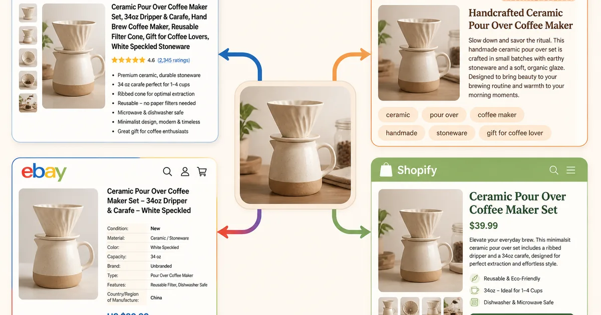 Single product listing adapted into platform-specific formats for Amazon, Etsy, eBay, and Shopify online stores