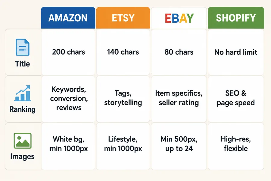 Comparison chart of product listing requirements for Amazon, Etsy, eBay, and Shopify showing title limits, ranking factors, and image specifications