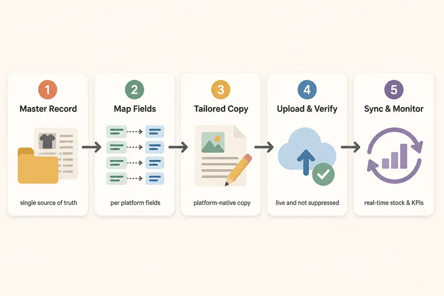 Five-step cross-platform listing workflow: build master record, map fields per platform, generate tailored copy, upload and verify, sync inventory and monitor