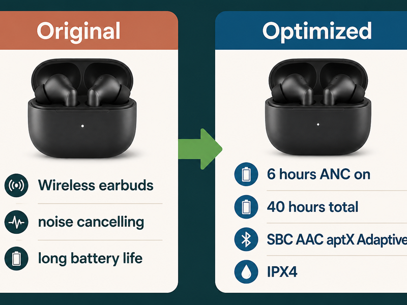 Side-by-side product card comparison showing a minimal original earbuds description on the left transformed into a structured optimized description with battery details and codec names on the right
