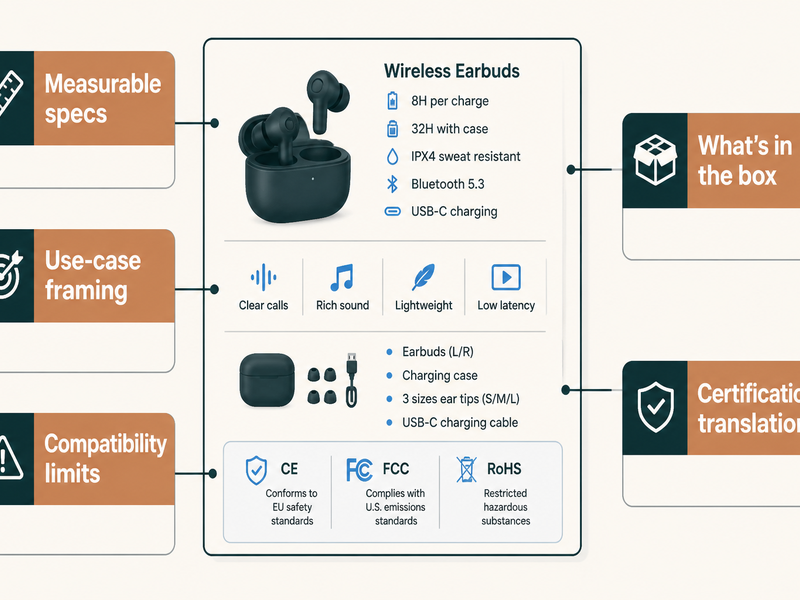 Five-element infographic showing measurable specs, use-case framing, compatibility limits, box contents, and certification translation as key components of optimized tech product descriptions, with text snippets from example descriptions
