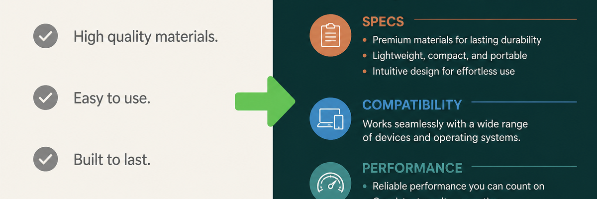 Before and after comparison of a tech product description showing a generic original version on the left and a structured optimized version with a spec table, compatibility notes, and performance claims on the right
