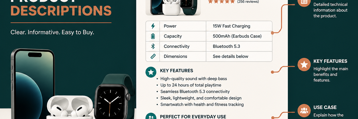 Electronics product description guide showing optimized gadget copy with specs and features