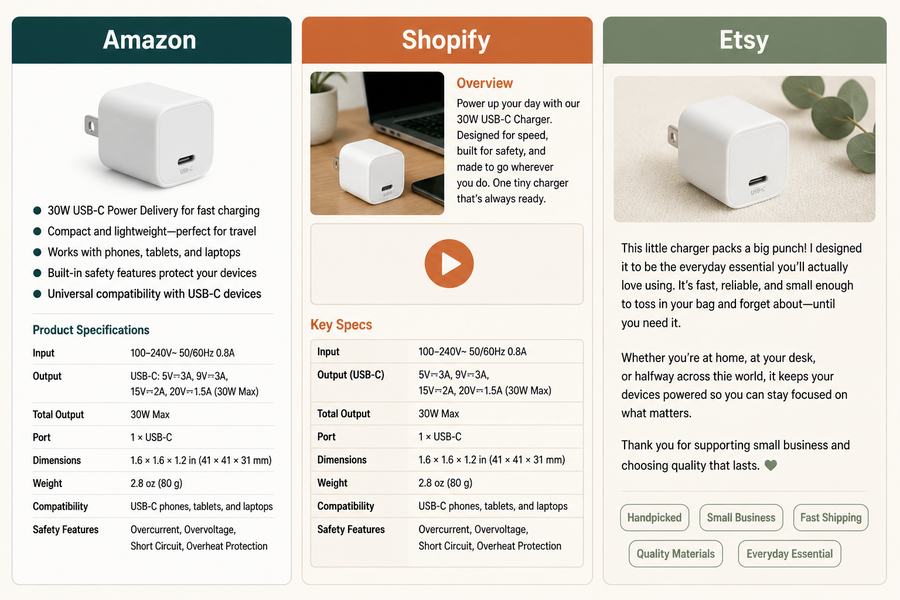 Electronics product description best practices comparison across Amazon Shopify and Etsy platforms