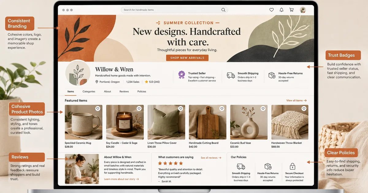 Optimized Etsy shop homepage with branding and trust elements
