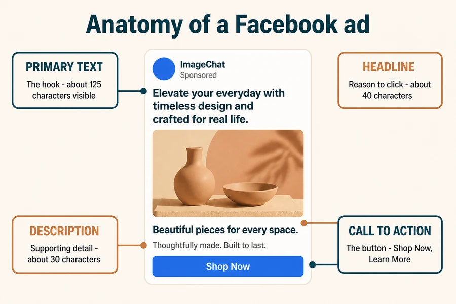 Diagram of a Facebook feed ad that labels the primary text, headline, description, and call-to-action button