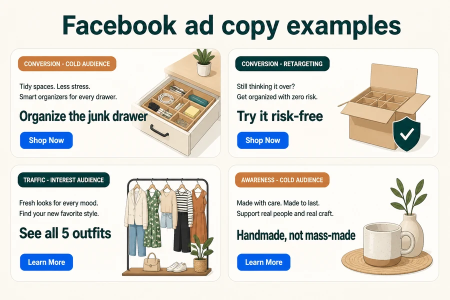Four Facebook ad copy examples labeled by campaign objective and audience, each with primary text, a headline, and a call to action