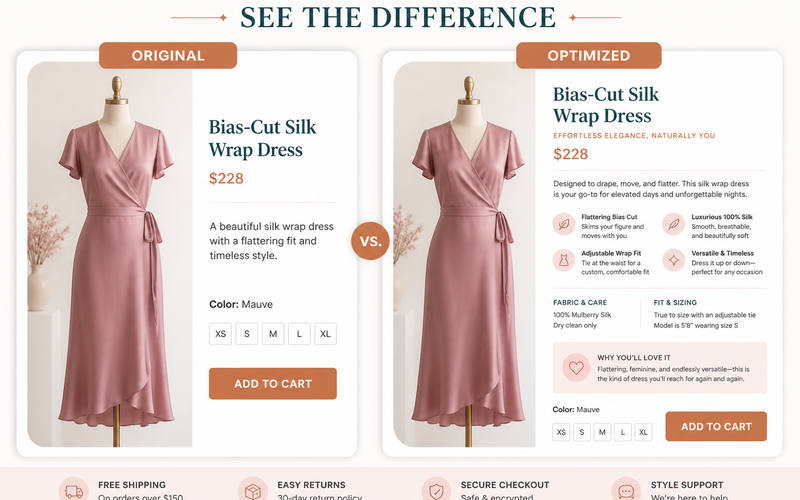 Before and after comparison of a fashion dress product description with optimized copy