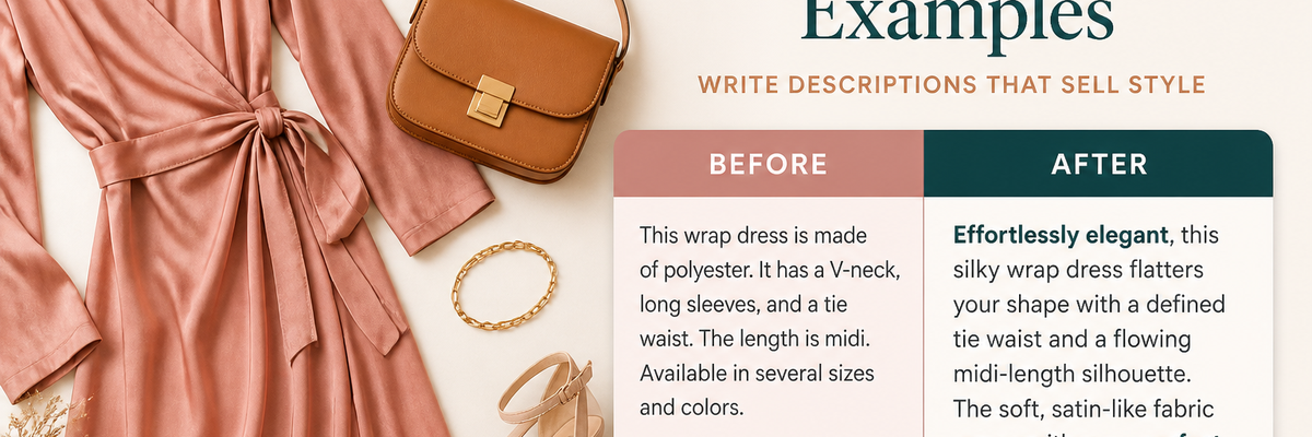 Fashion product description examples showing optimized clothing copy with before and after comparison