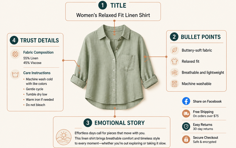 Fashion product description structure with title, bullet points, and emotional connection elements