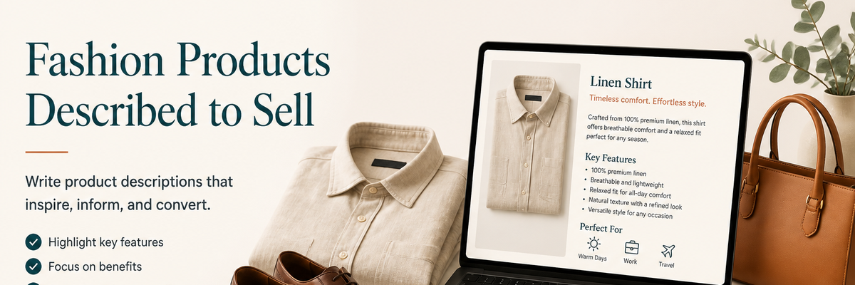 Fashion product description guide showing clothing items with optimized listing copy elements