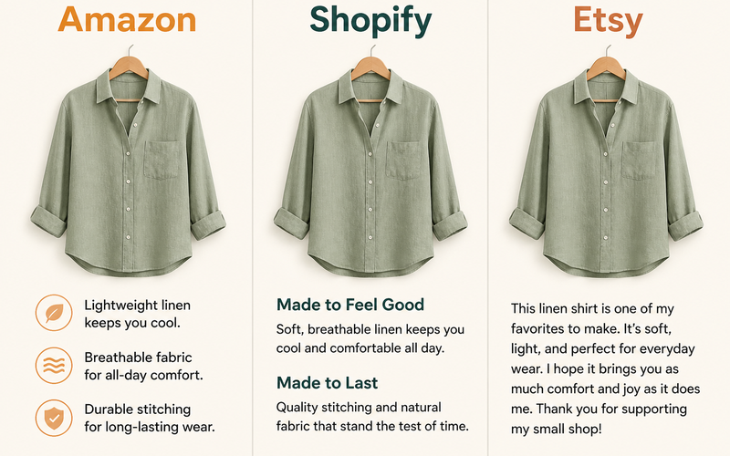 Fashion product descriptions adapted for Amazon, Shopify, and Etsy platforms