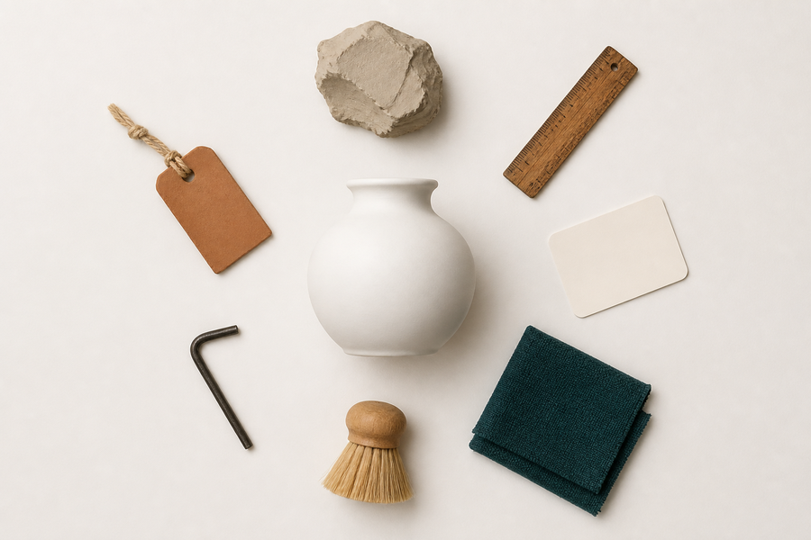 Seven-element checklist for home decor product descriptions showing materials, dimensions, color and finish, style and aesthetic, care instructions, assembly, and origin as annotated callouts on a ceramic vase