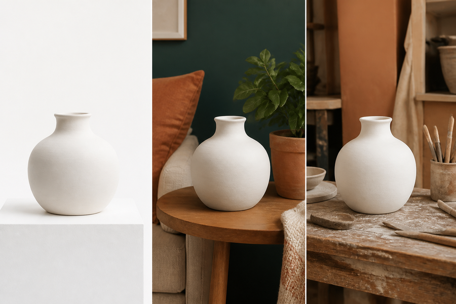 Side-by-side comparison of the same home decor product description adapted for Amazon's bullet format with dimension table, Shopify's lifestyle sections with room photo, and Etsy's conversational maker story style