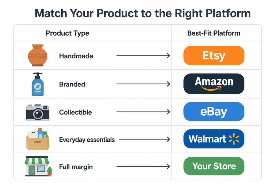 Product-to-platform fit chart showing the best selling platforms for handmade, branded, collectible, and everyday products