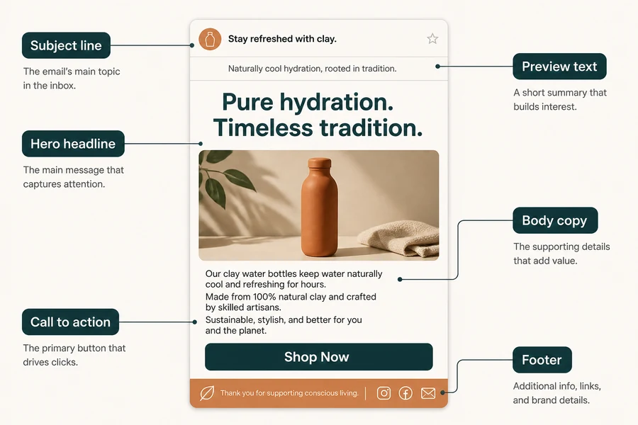Diagram of a promotional email that labels the subject line, preview text, hero headline, body, call to action, and footer