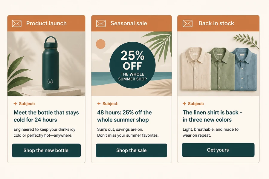 Three promotional email examples labeled by campaign type — product launch, seasonal sale, and back in stock — each with a subject line, preview text, and call to action