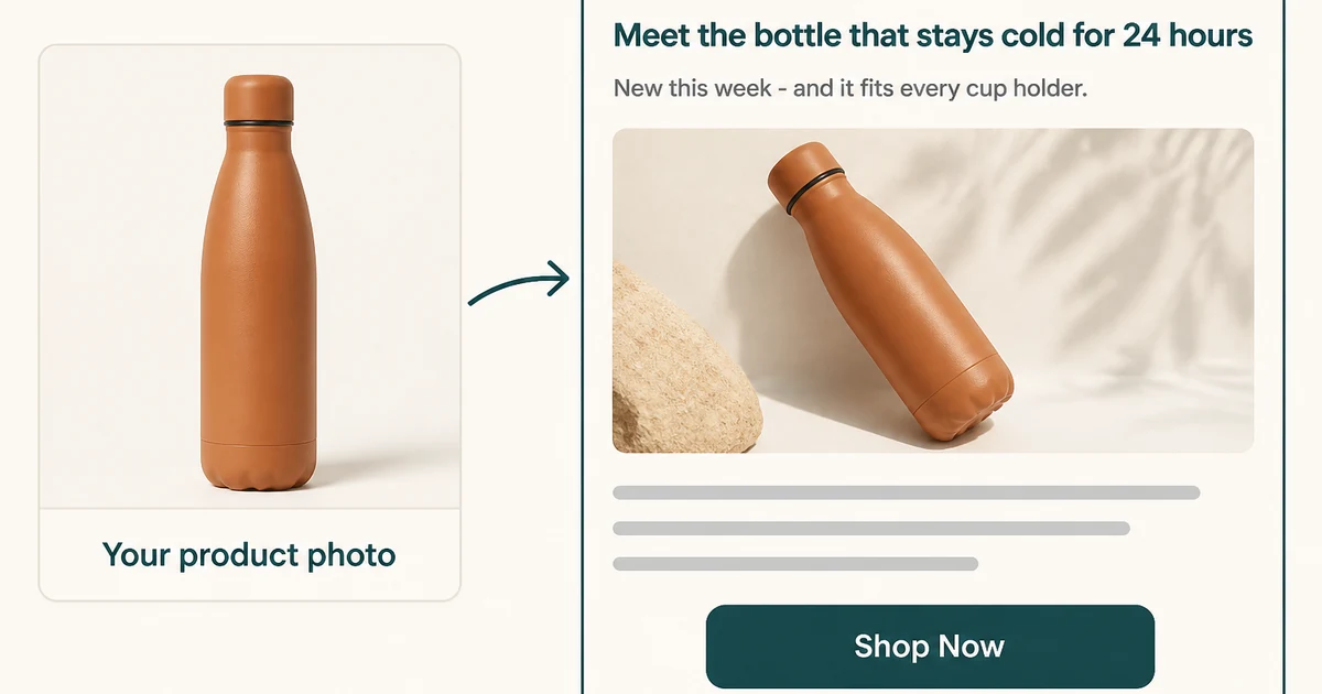 Product photo turned into a promotional email preview with a subject line, hero image, body copy, and a Shop Now call to action by a promotional email generator