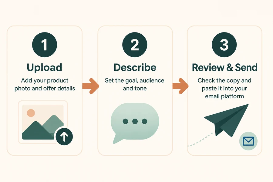 Three-step workflow for generating a promotional email in ImageChat: upload a product photo, set the goal and audience, then review and send the copy