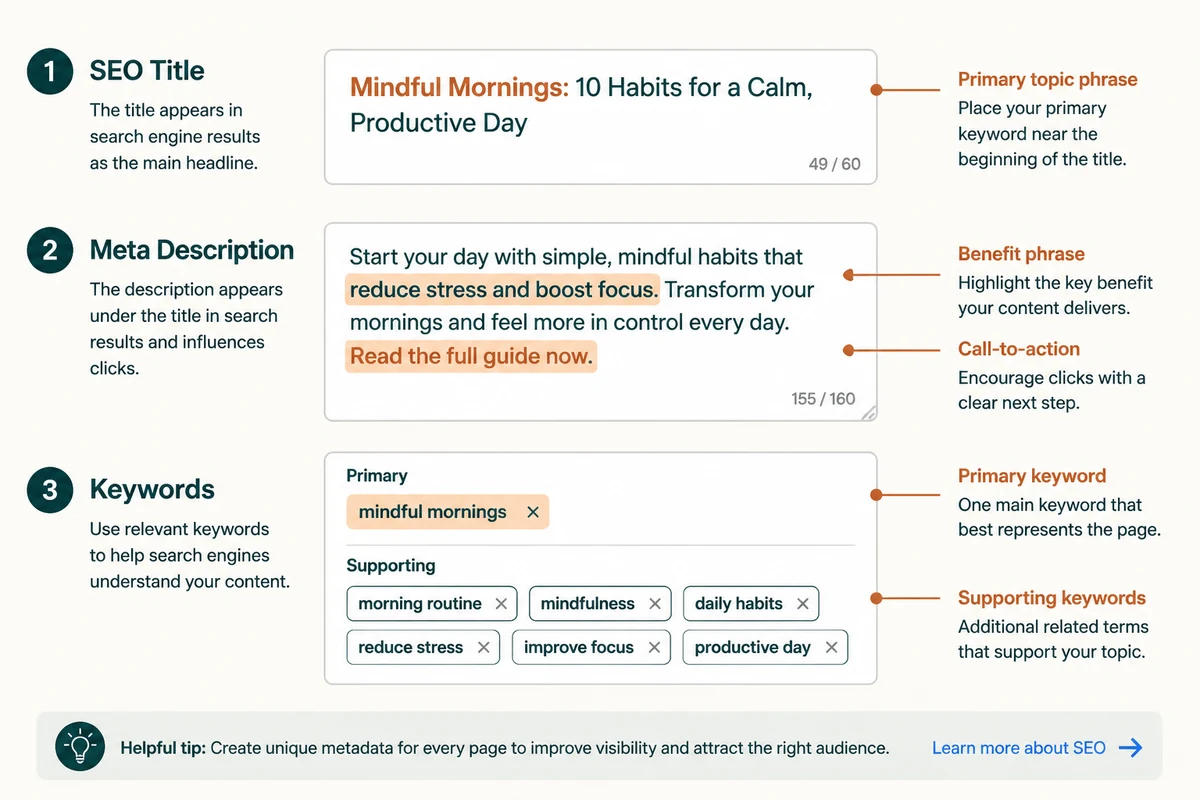 Annotated SEO title, meta description, and keyword fields in a metadata generator