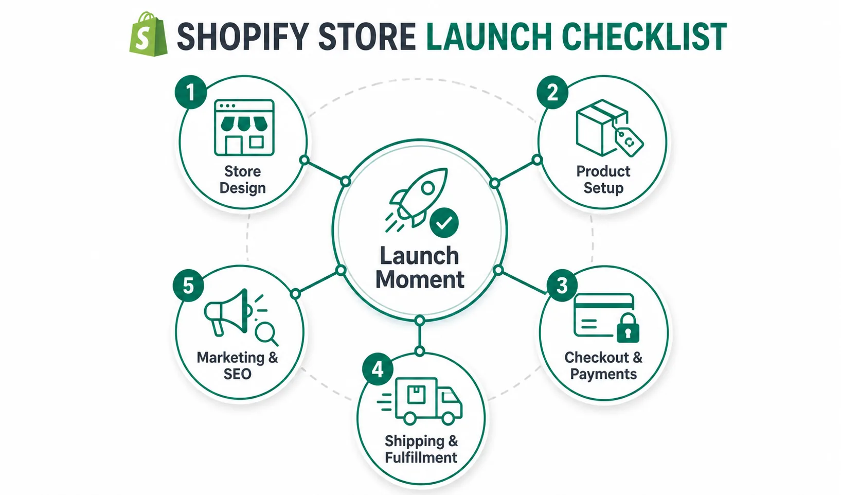 Visual Shopify store launch checklist infographic with step-by-step guide