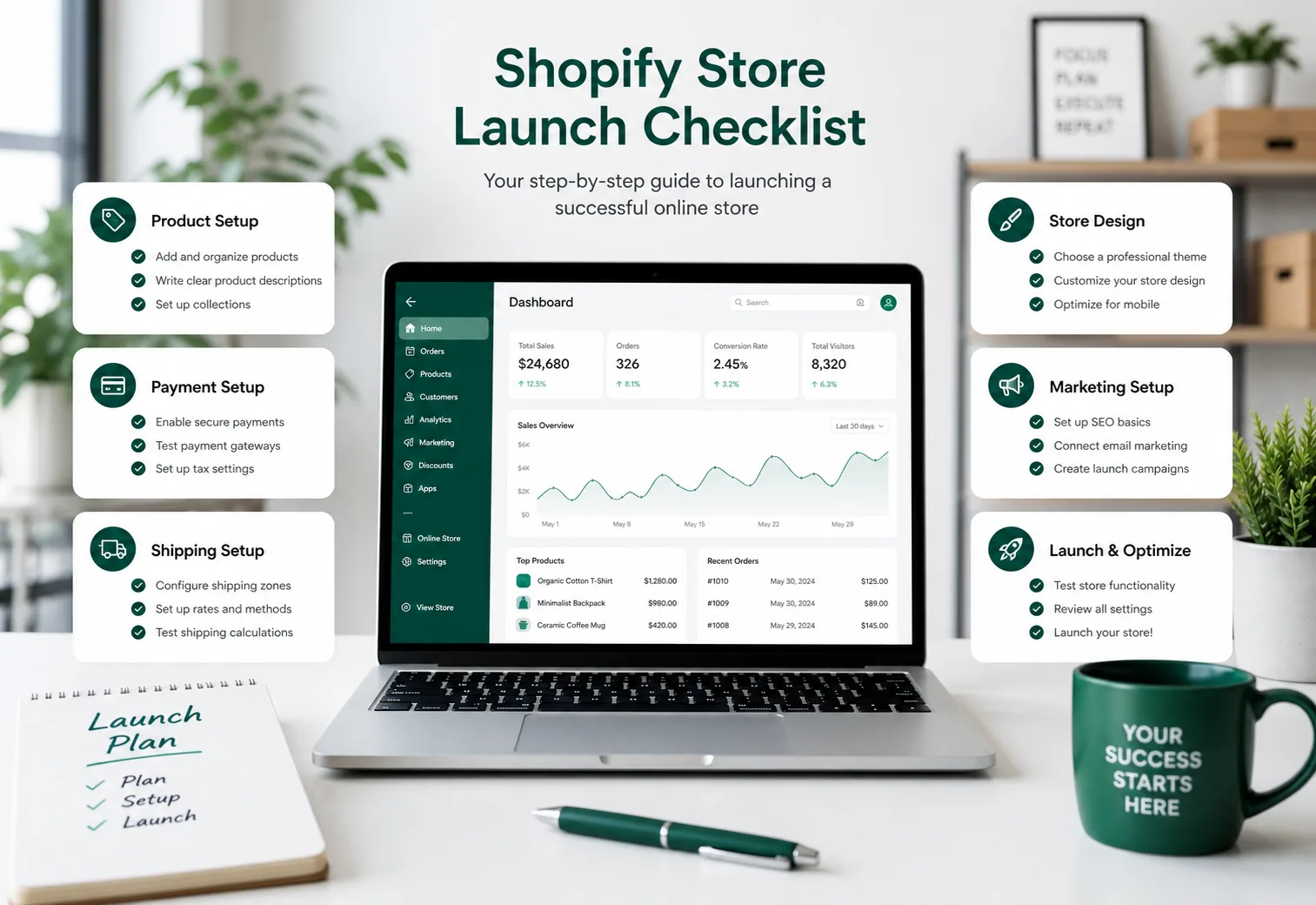 Professional Shopify store launch checklist with modern e-commerce setup