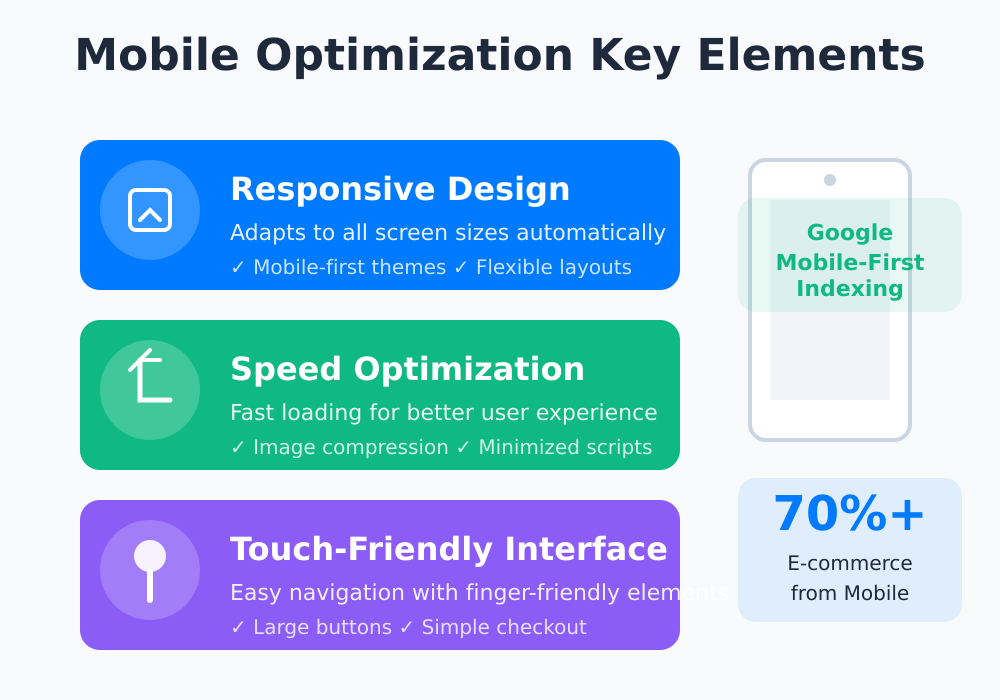 Mobile optimization key elements for Shopify stores: responsive design, speed optimization, and touch-friendly interface