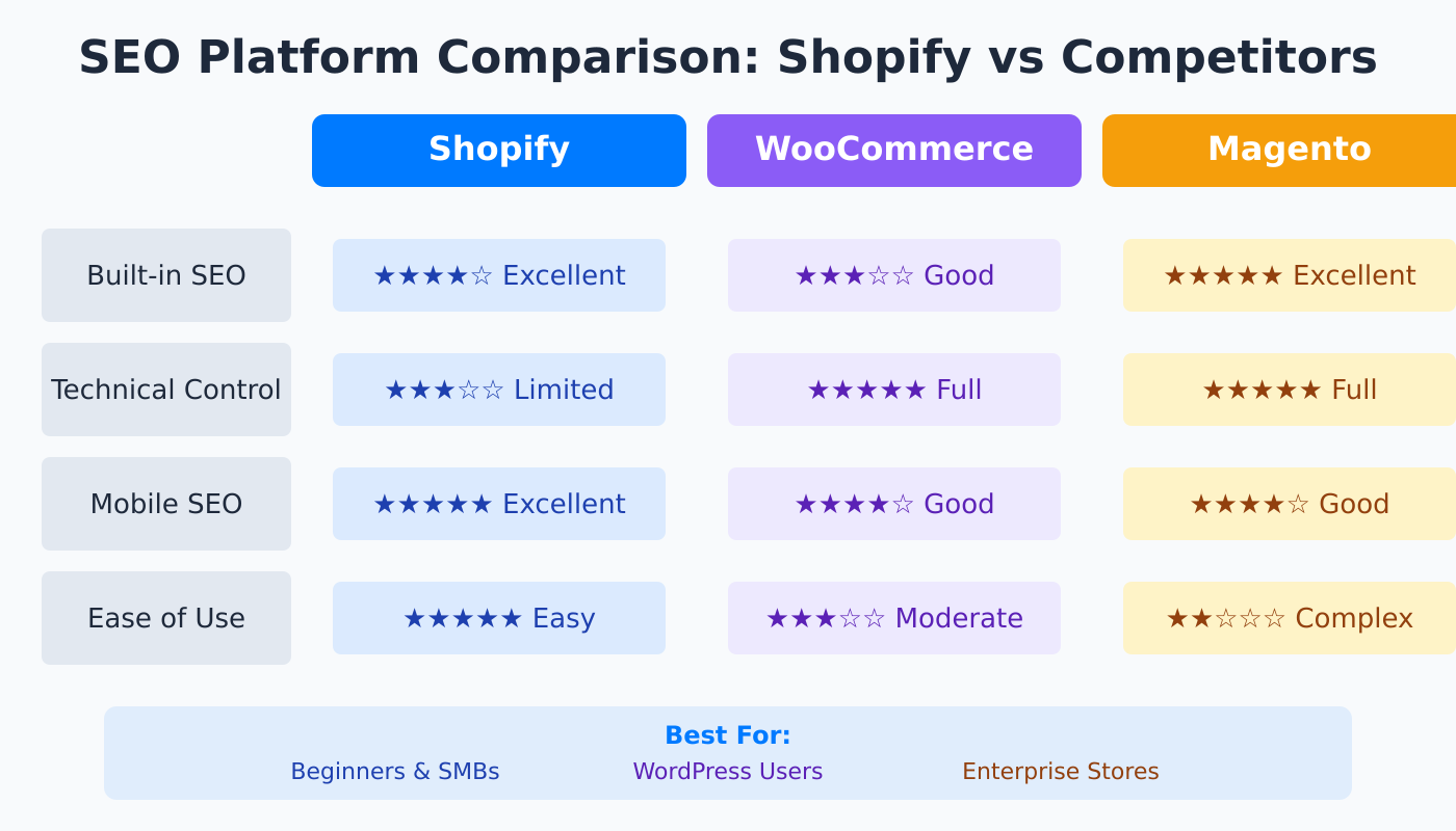 SEO comparison between Shopify, WooCommerce, and Magento showing their advantages and disadvantages